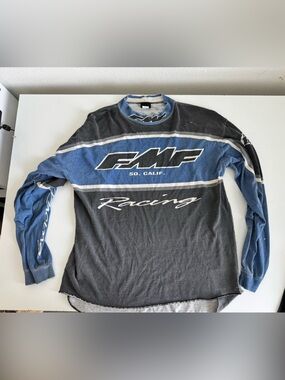 Vintage 90s FMF Racing Motocross Jersey Long Sleeve Shirt Grey/Blue L
